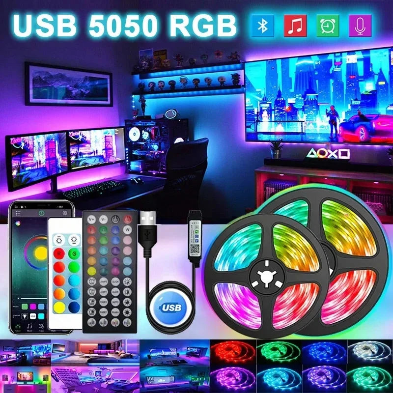 RGB LED Lichtstreifen 1–30 m – USB 5V – Bluetooth, WLAN oder 44-Key Fernbedienung – App steuerbar - Musik Sync
