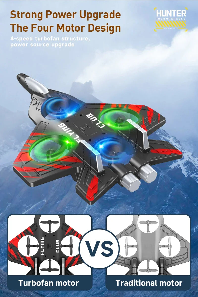 RC Flugzeug mit Fernbedienung und LED Beleuchtung, wiederaufladbares Kampfjet Spielzeug mit Ein Tasten Start und Landung, Stunt Flugzeug für Kinder und Anfänger Indoor Outdoor