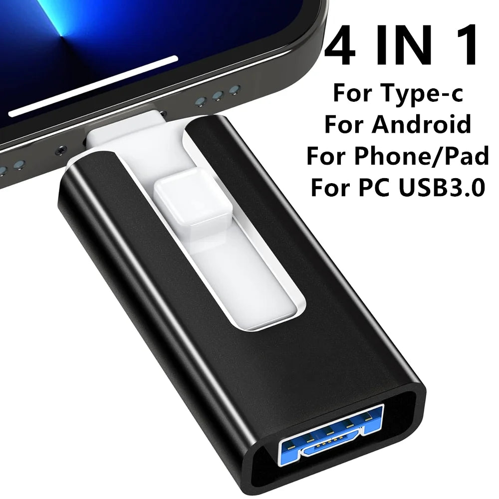 4-in-1 USB flash drive for iPhone, iPad, Android and PC – USB 3.0 metal pen drive 32–256 GB external storage
