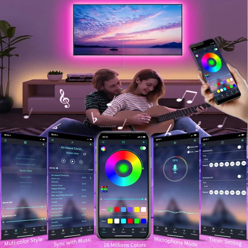 RGB LED Lichtstreifen 1–30 m – USB 5V – Bluetooth, WLAN oder 44-Key Fernbedienung – App steuerbar - Musik Sync