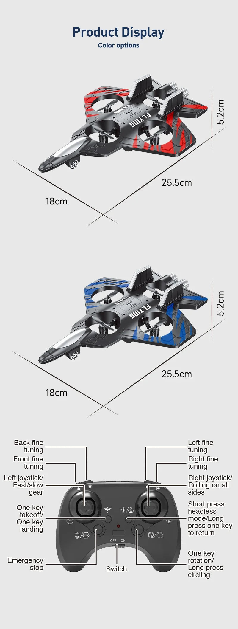 RC Flugzeug mit Fernbedienung und LED Beleuchtung, wiederaufladbares Kampfjet Spielzeug mit Ein Tasten Start und Landung, Stunt Flugzeug für Kinder und Anfänger Indoor Outdoor