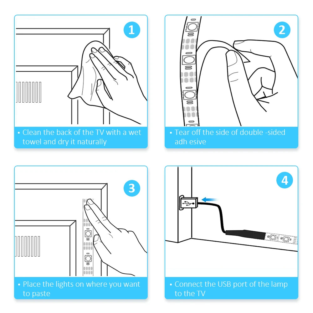 LED TV backlight – RGB USB LED strip with 3-button control, self-adhesive and flexible