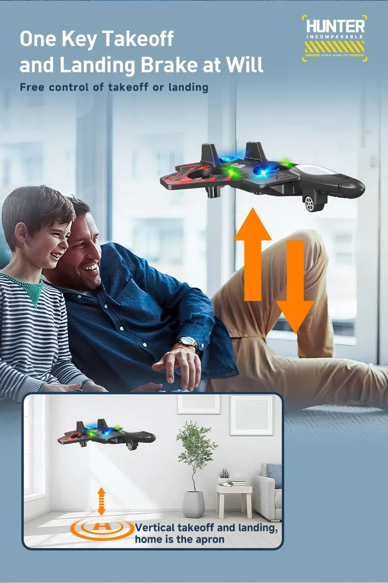 RC Flugzeug mit Fernbedienung und LED Beleuchtung, wiederaufladbares Kampfjet Spielzeug mit Ein Tasten Start und Landung, Stunt Flugzeug für Kinder und Anfänger Indoor Outdoor