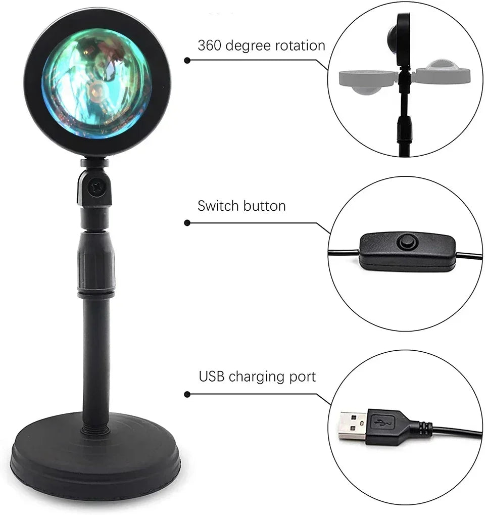 Sunset Projector Lamp – LED Sunset Light with 7 Colors, 360 Degree Rotation and USB – Perfect Decorative and Photo Lamp for Home