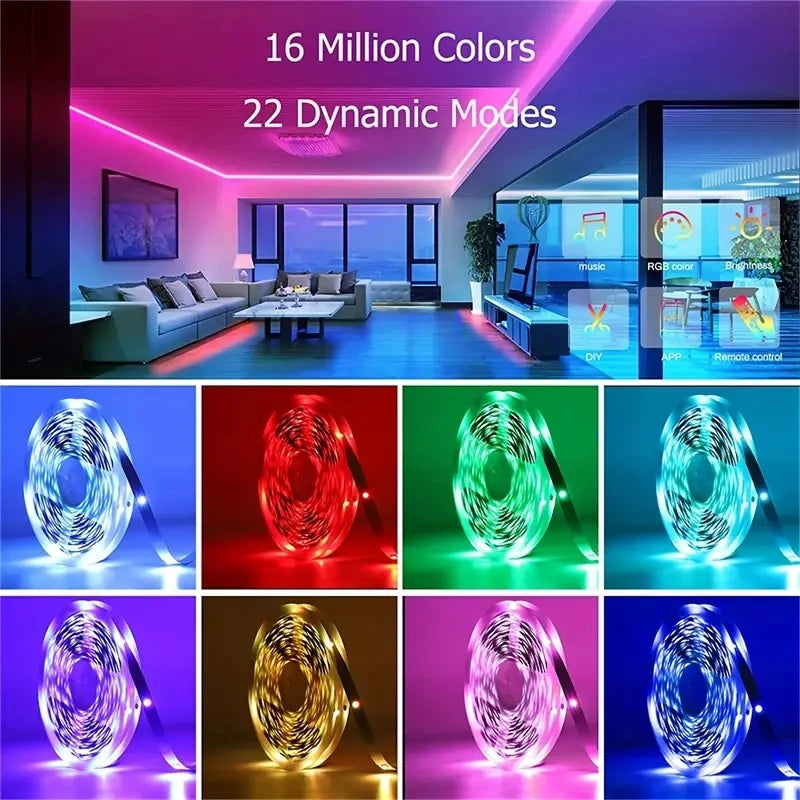 RGB LED Lichtstreifen 1–30 m – USB 5V – Bluetooth, WLAN oder 44-Key Fernbedienung – App steuerbar - Musik Sync